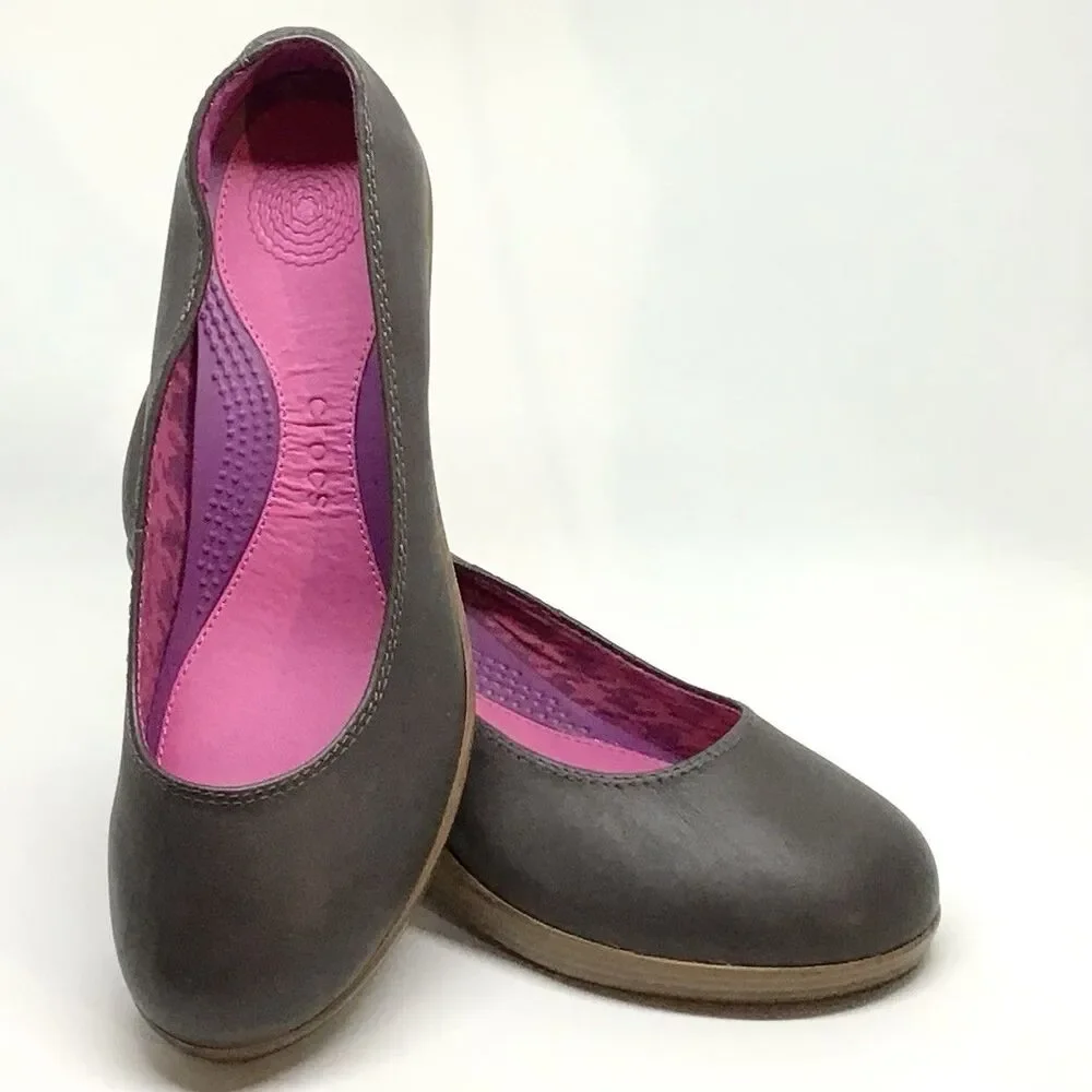 Crocs Wedge Heels Women 8.5 A-Leigh Brown Leather Closed Toe SlipOn Shoes